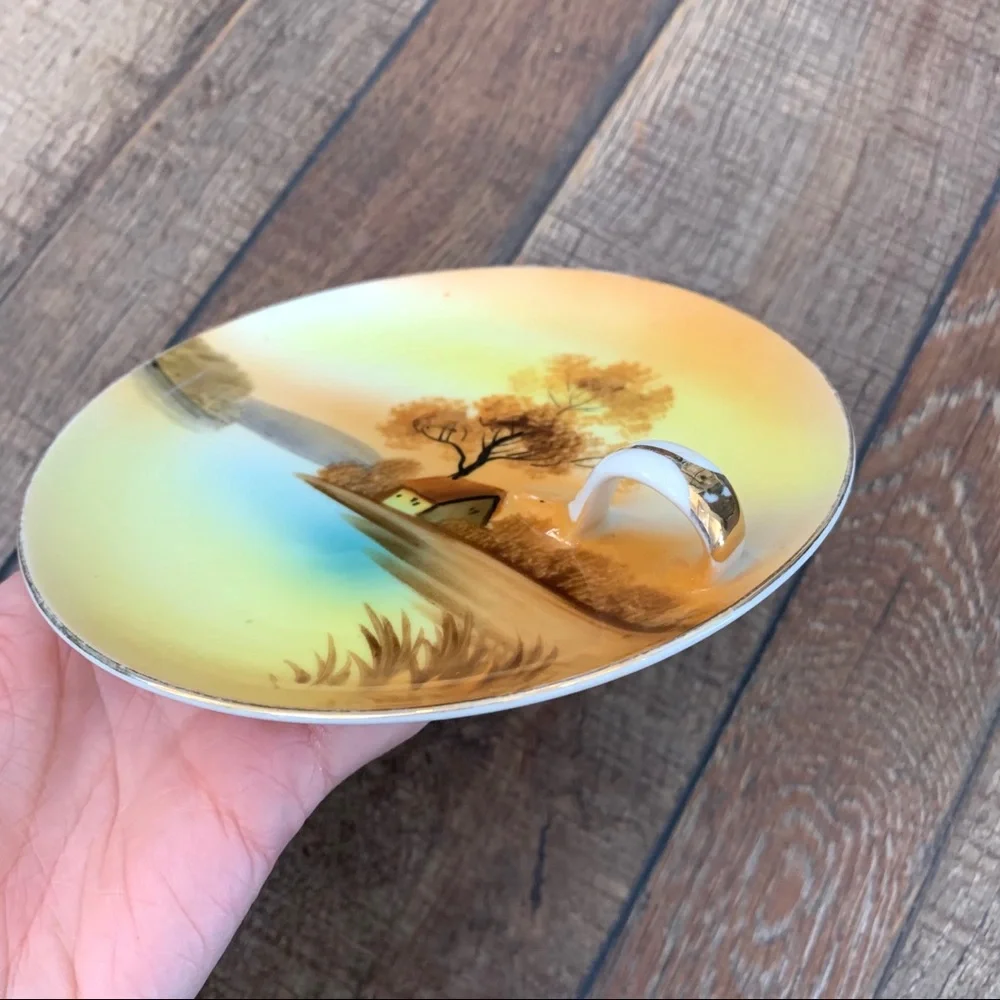 Vintage Noritake handpainted ceramic candle plate with Handle Trinket Plate 5.5